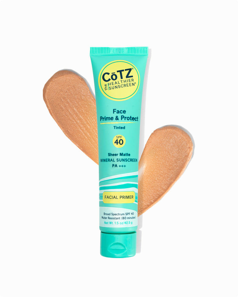 Cotz Face Prime & Protect Tinted SPF 40 tube on white background with two swatches behind the tube.