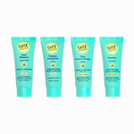 Image of all four samples that come in the Cotz Mineral Sunscreen Sampler which includes Cotz Face Moisture Lightly Tinted SPF 35, Flawless Complexion Lightly Tinted SPF 50, Cotz Face Prime & Protect Tinted SPF 40, and Cotz Sensitive Non-Tinted SPF 40