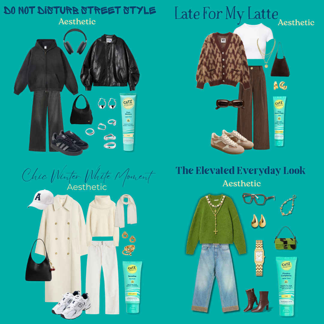 Four different winter wardrobe looks featuring different cotz products to match each vibe