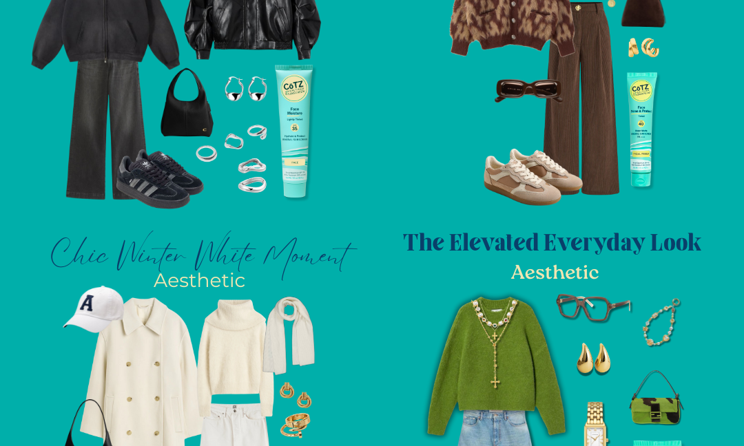 Four different winter wardrobe looks featuring different cotz products to match each vibe