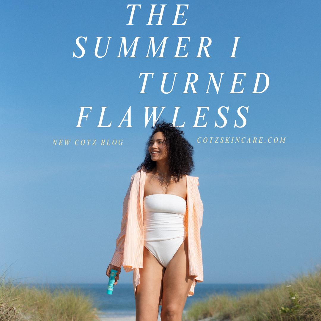 Woman on beach holding cotz mineral sunscreen. Graphic is designed like hhit tv show "The Summer I Turned Pretty"