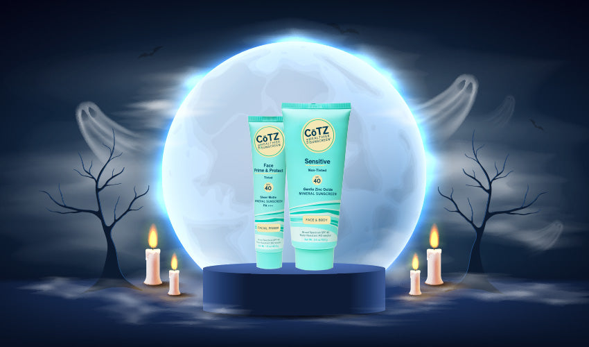 cotz products in front of a halloween background that features a full moon and ghosts