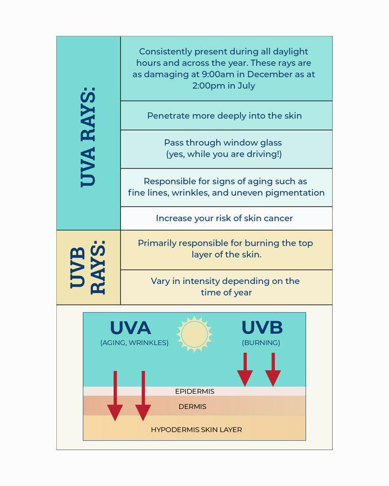 Chart graphic depicting the difference between UVA and UVB rays