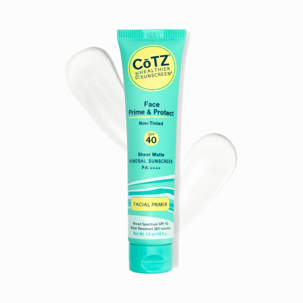 Image of Cotz Face Prime & Protect Non-Tinted SPf 40 tube with two swatches behind it on white background