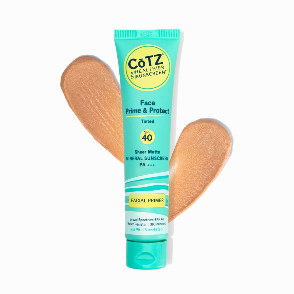 Image of Cotz Face Prime & Protect Tinted SPF 40 tube with two swatches behind it on white background