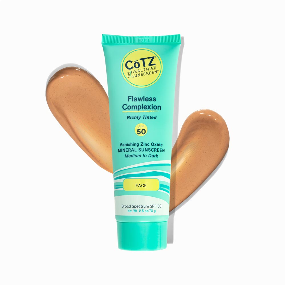 Image of Cotz Flawless Complexion Richly Tinted SPF 50 tube with two swatches behind it on white background