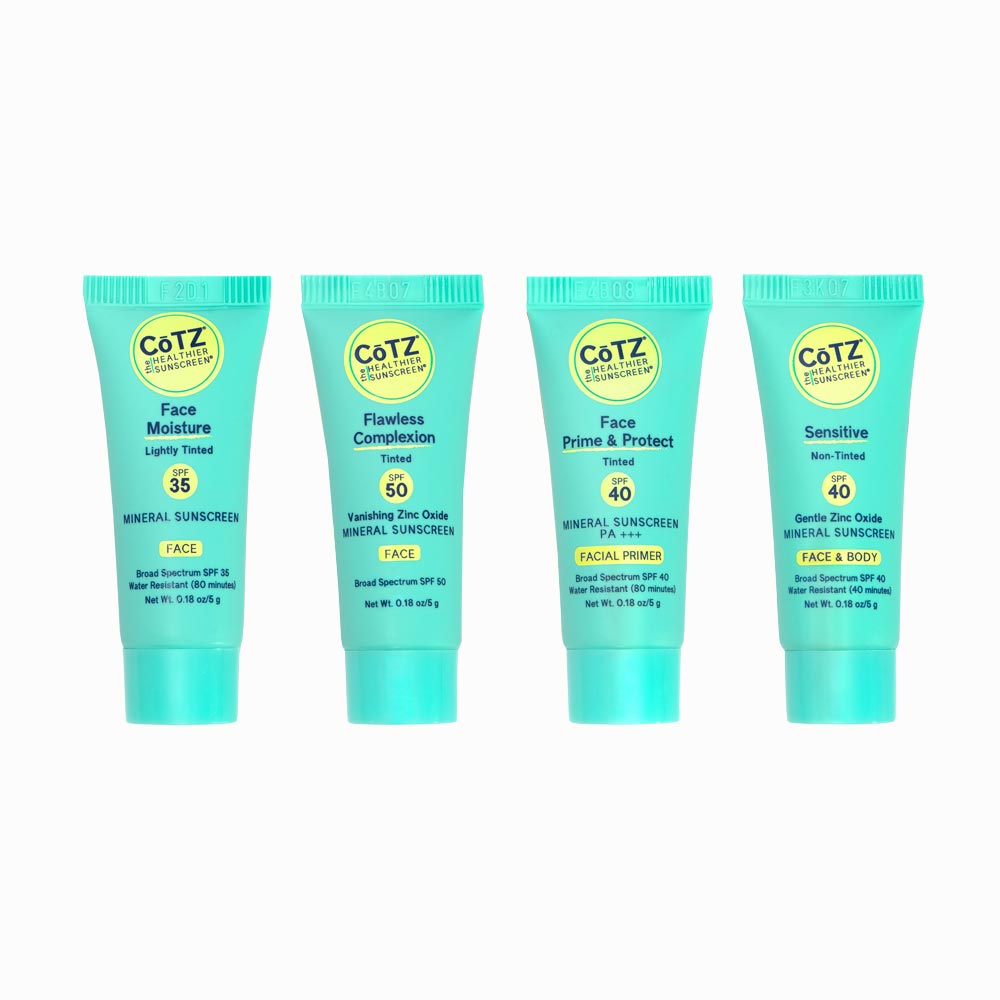 Image of all four samples that come in the Cotz Mineral Sunscreen Sampler which includes Cotz Face Moisture Lightly Tinted SPF 35, Flawless Complexion Lightly Tinted SPF 50, Cotz Face Prime & Protect Tinted SPF 40, and Cotz Sensitive Non-Tinted SPF 40 