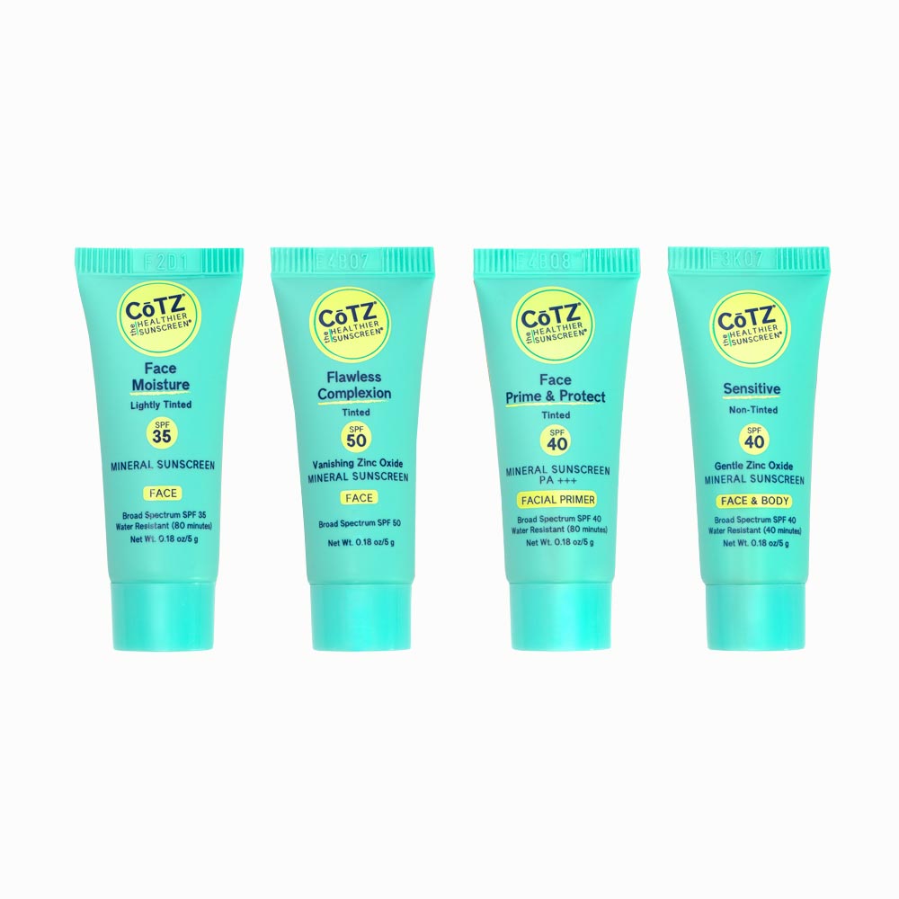 Image of all four samples that come in the Cotz Mineral Sunscreen Sampler which includes Cotz Face Moisture Lightly Tinted SPF 35, Flawless Complexion Lightly Tinted SPF 50, Cotz Face Prime & Protect Tinted SPF 40, and Cotz Sensitive Non-Tinted SPF 40 