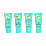 Image of all four samples that come in the Cotz Mineral Sunscreen Sampler which includes Cotz Face Moisture Lightly Tinted SPF 35, Flawless Complexion Lightly Tinted SPF 50, Cotz Face Prime & Protect Tinted SPF 40, and Cotz Sensitive Non-Tinted SPF 40 