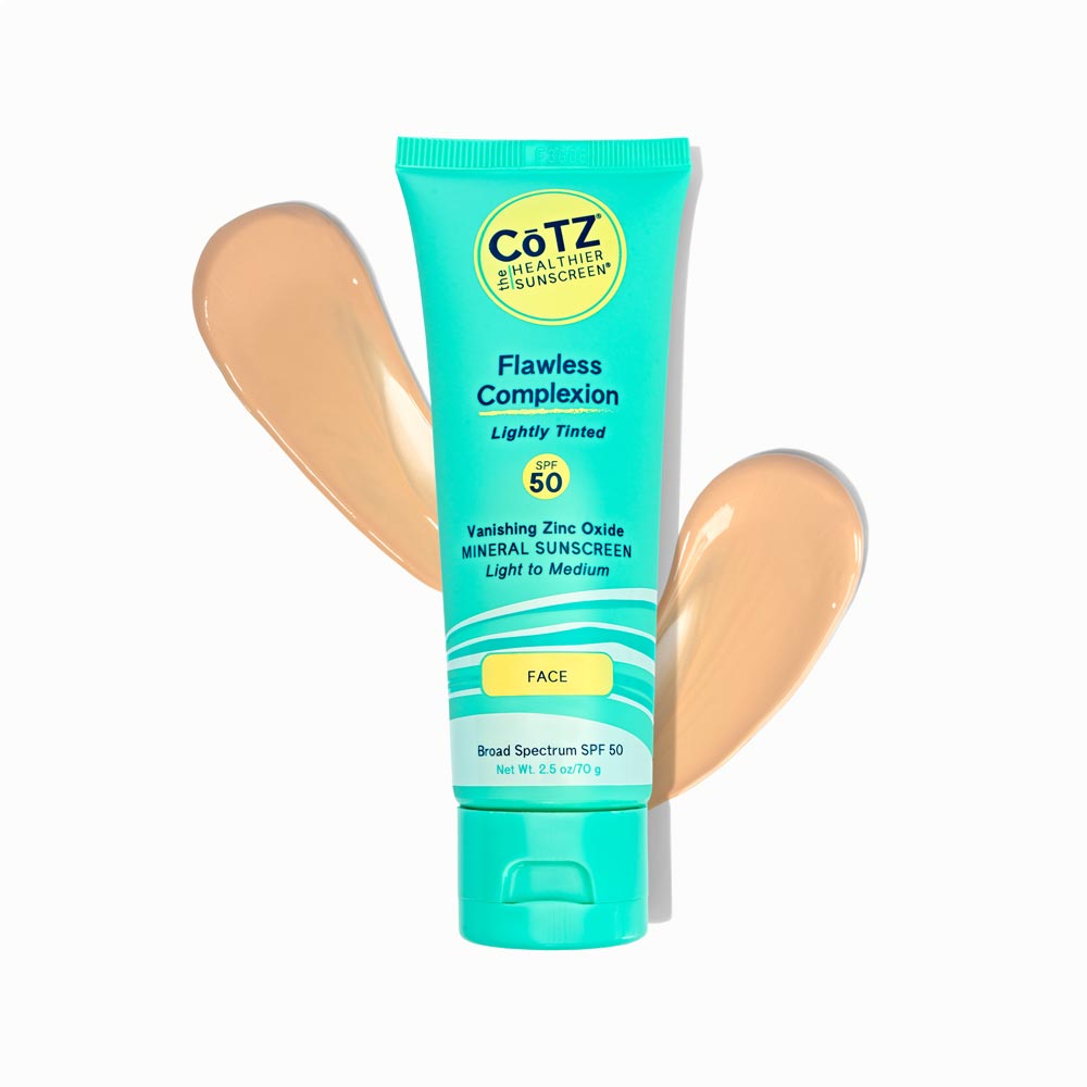 Image of Cotz Flawless Complexion Lightly Tinted SPF 50 tube with two swatches behind it on white background